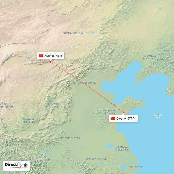 Qingdao - Hohhot direct flight map