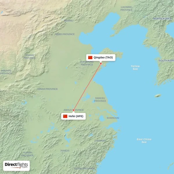 Qingdao - Hefei direct flight map