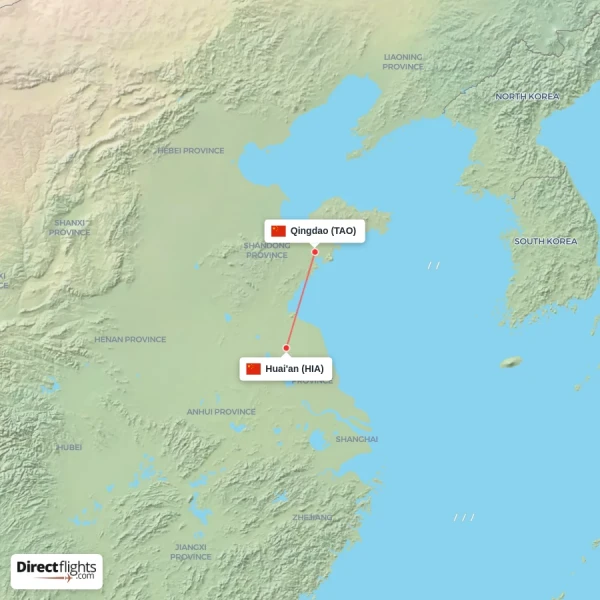Qingdao - Huai'an direct flight map