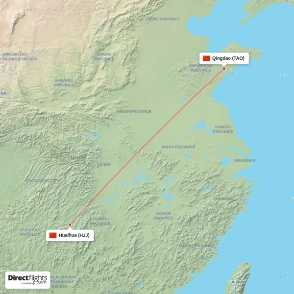Qingdao - Huaihua direct flight map