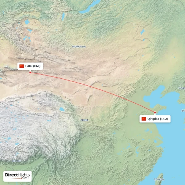 Qingdao - Hami direct flight map