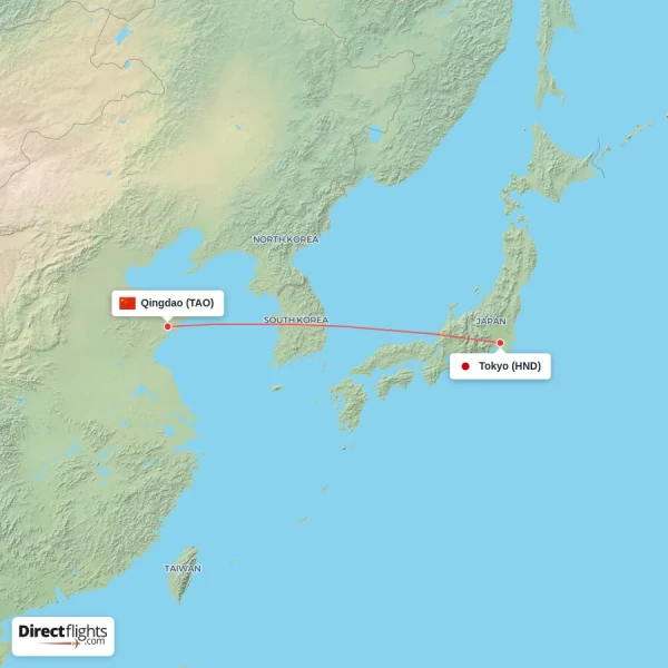 Qingdao - Tokyo direct flight map
