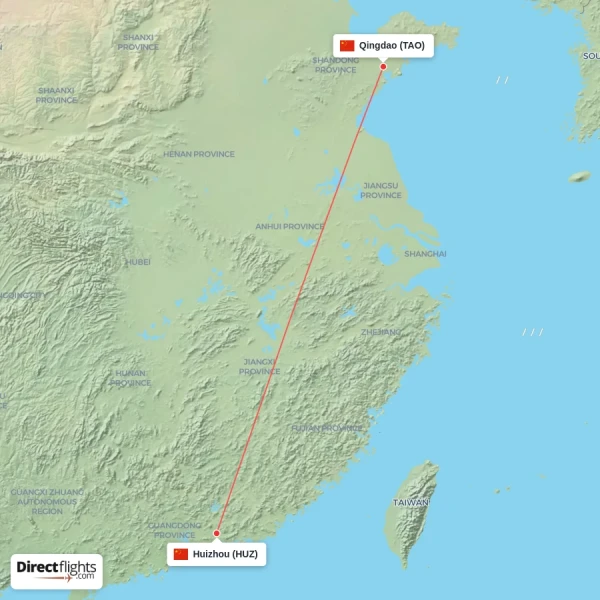 Qingdao - Huizhou direct flight map