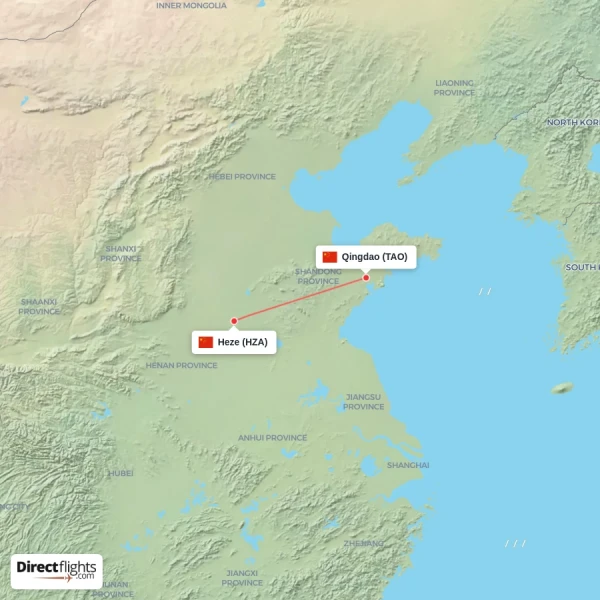 Qingdao - Heze direct flight map