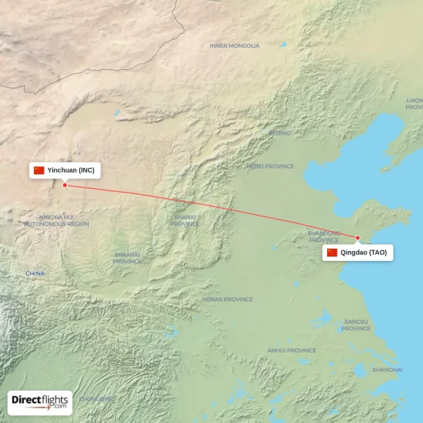 Qingdao - Yinchuan direct flight map