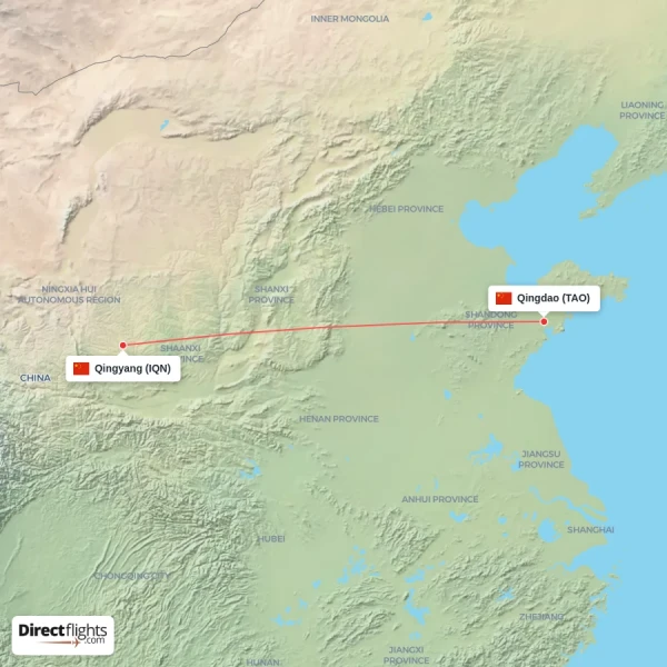 Qingdao - Qingyang direct flight map