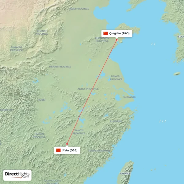 Qingdao - Ji'An direct flight map