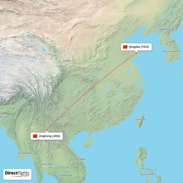 Qingdao - Jinghong direct flight map
