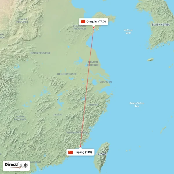 Qingdao - Jinjiang direct flight map