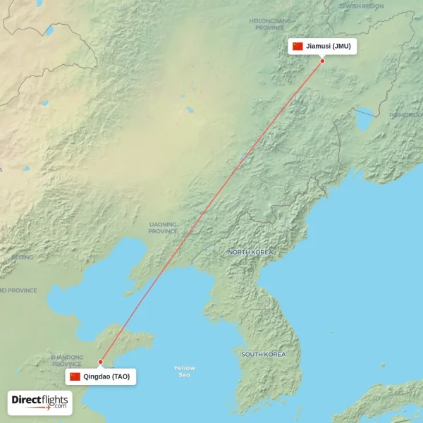 Qingdao - Jiamusi direct flight map