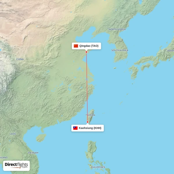 Qingdao - Kaohsiung direct flight map