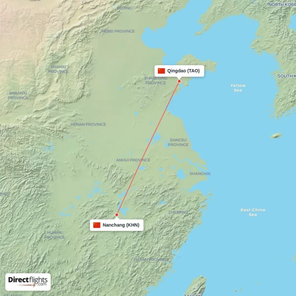 Qingdao - Nanchang direct flight map