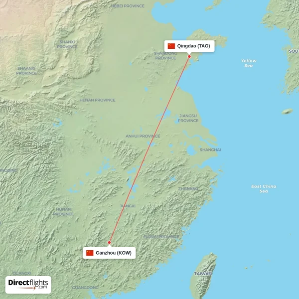 Qingdao - Ganzhou direct flight map