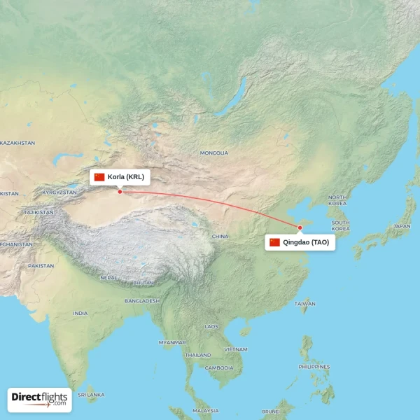 Qingdao - Korla direct flight map