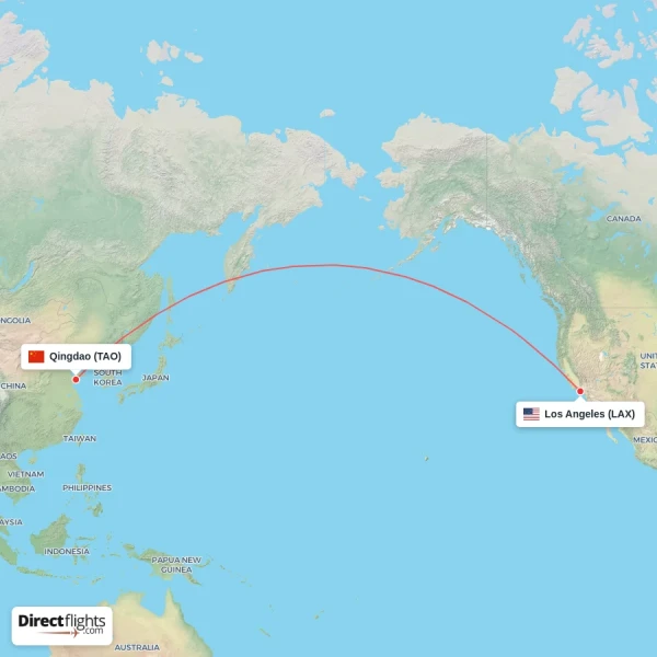 Qingdao - Los Angeles direct flight map