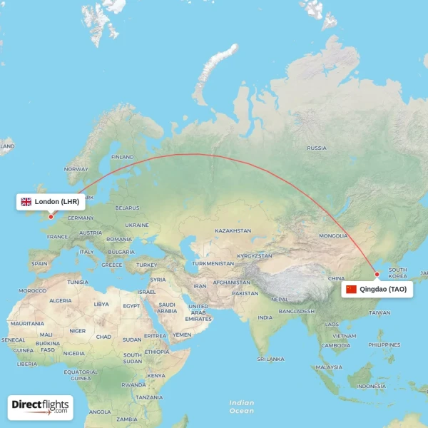 Qingdao - London direct flight map