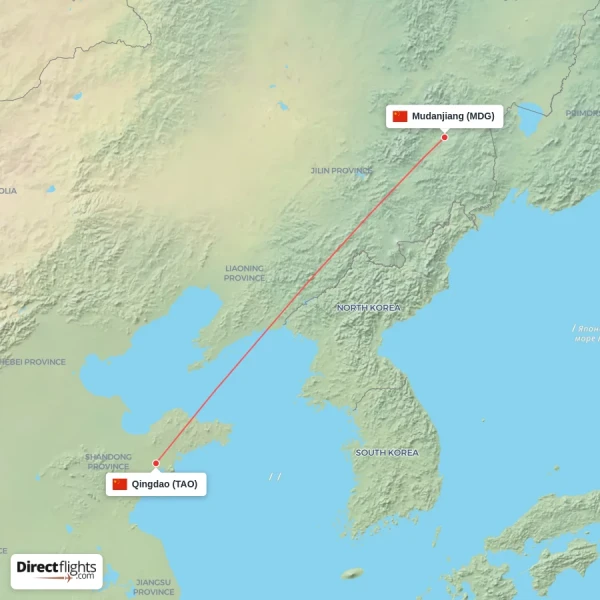 Qingdao - Mudanjiang direct flight map