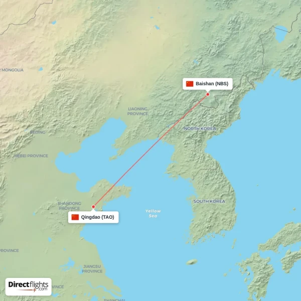 Qingdao - Baishan direct flight map