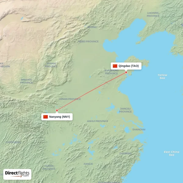 Qingdao - Nanyang direct flight map