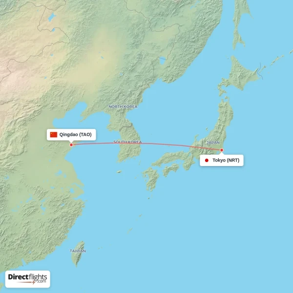 Qingdao - Tokyo direct flight map