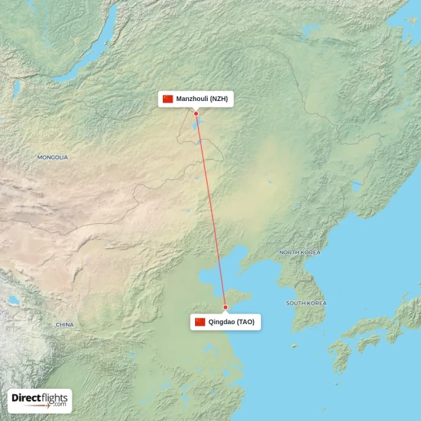 Qingdao - Manzhouli direct flight map