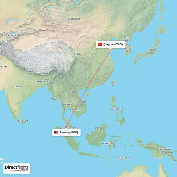 Qingdao - Penang direct flight map