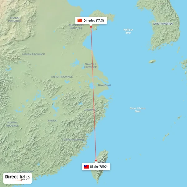 Qingdao - Shalu direct flight map