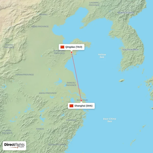 Qingdao - Shanghai direct flight map