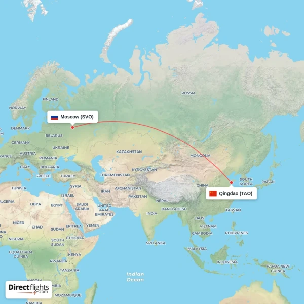 Qingdao - Moscow direct flight map