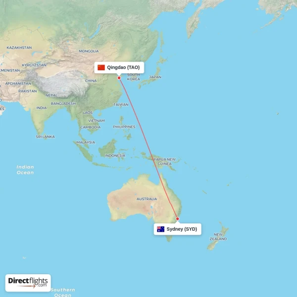 Qingdao - Sydney direct flight map
