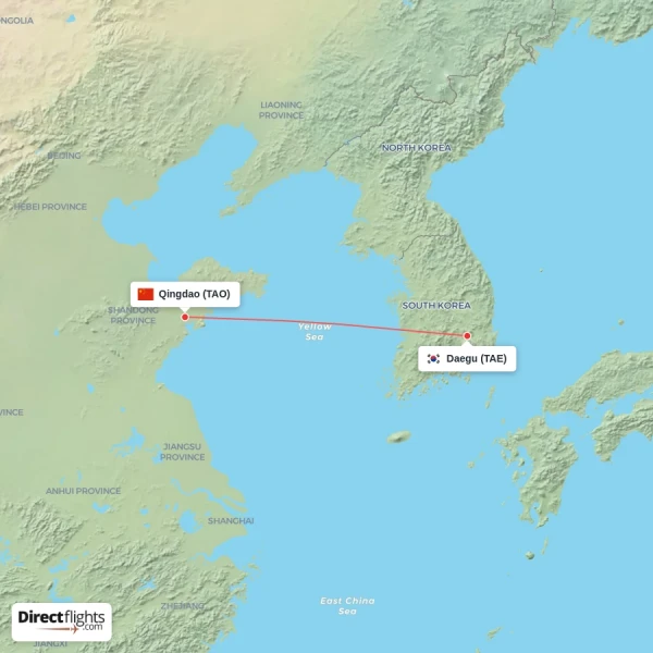 Qingdao - Daegu direct flight map