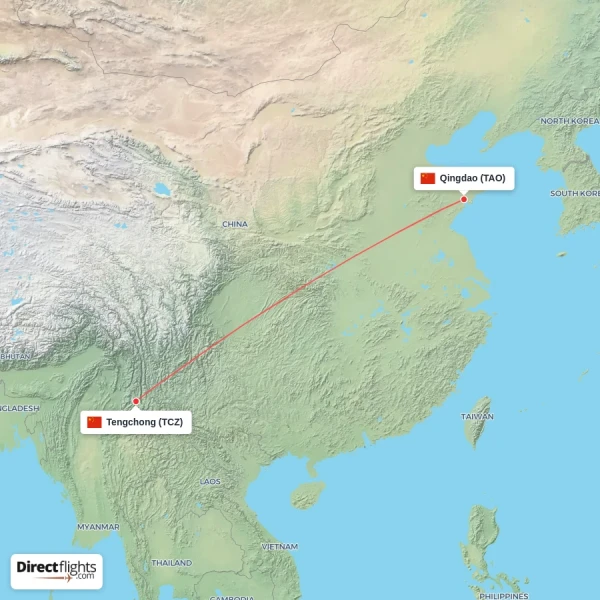 Qingdao - Tengchong direct flight map