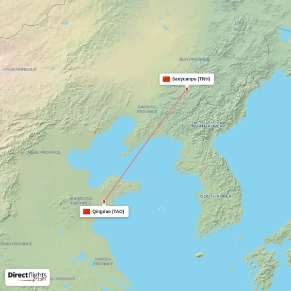 Qingdao - Sanyuanpu direct flight map