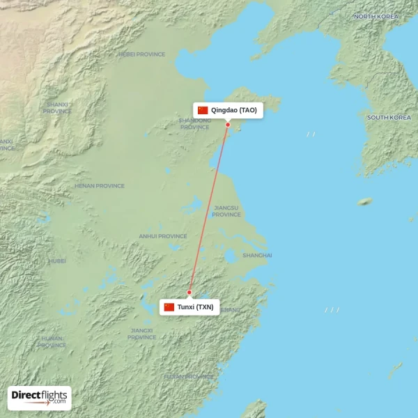 Qingdao - Tunxi direct flight map