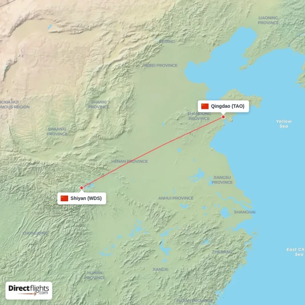 Qingdao - Shiyan direct flight map