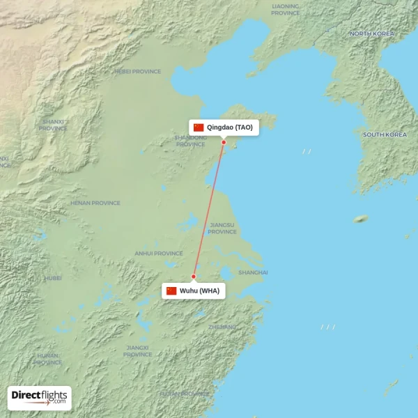 Qingdao - Wuhu direct flight map