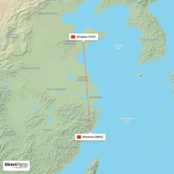 Qingdao - Wenzhou direct flight map