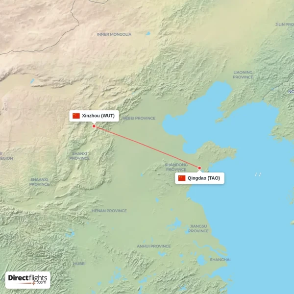 Qingdao - Xinzhou direct flight map