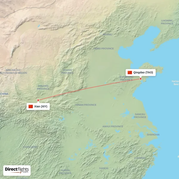 Qingdao - Xian direct flight map