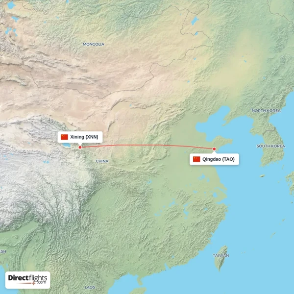 Qingdao - Xining direct flight map