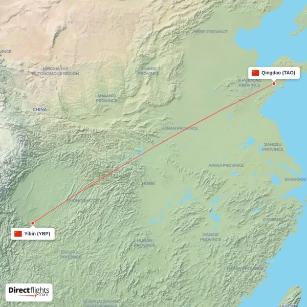 Qingdao - Yibin direct flight map