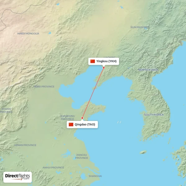 Qingdao - Yingkou direct flight map