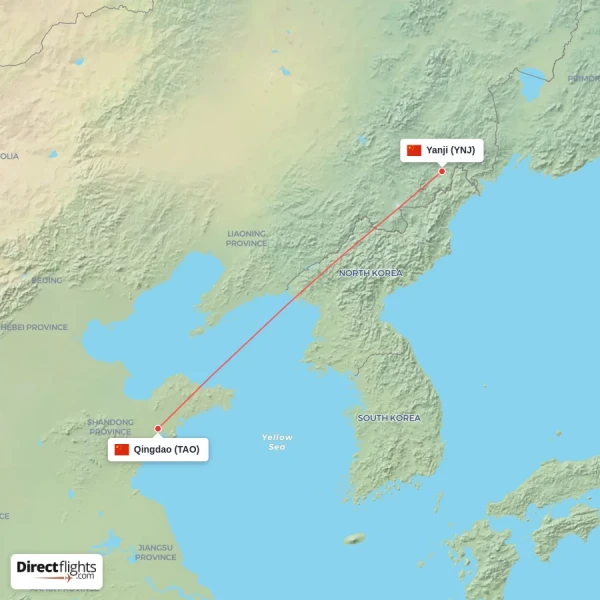 Qingdao - Yanji direct flight map