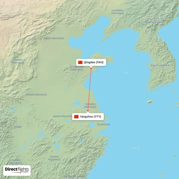 Qingdao - Yangzhou direct flight map