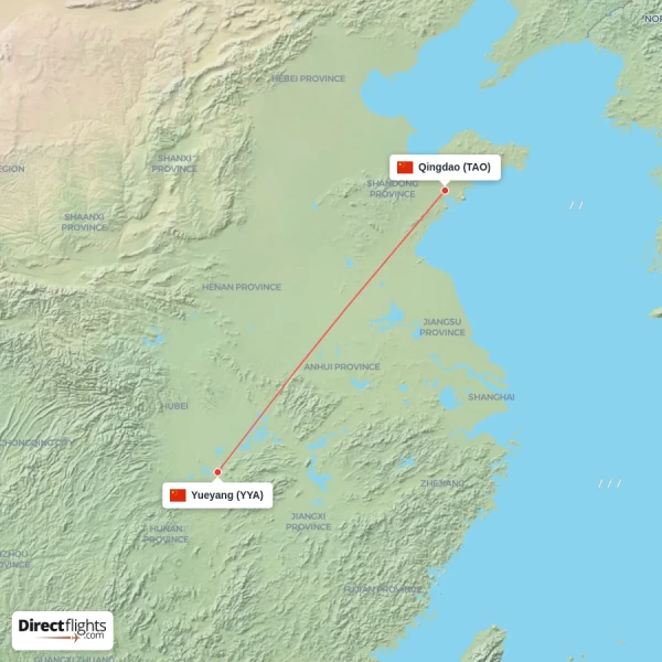 Qingdao - Yueyang direct flight map
