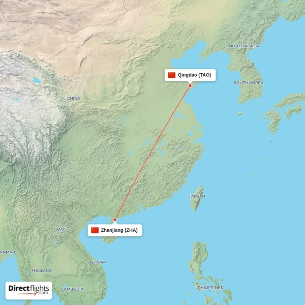 Qingdao - Zhanjiang direct flight map