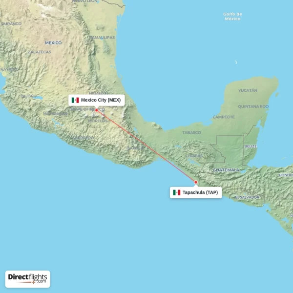 Tapachula - Mexico City direct flight map