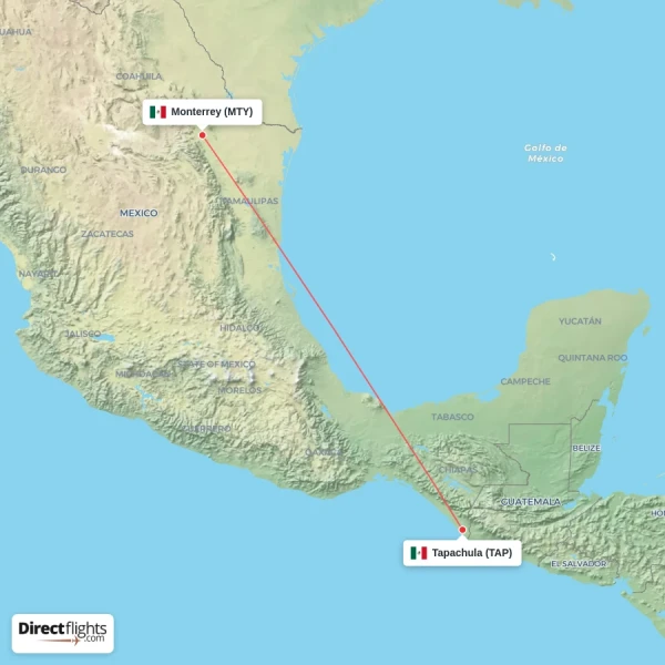 Tapachula - Monterrey direct flight map
