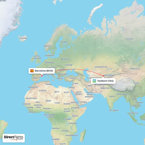 Tashkent - Barcelona direct flight map