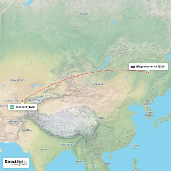 Tashkent - Blagoveschensk direct flight map